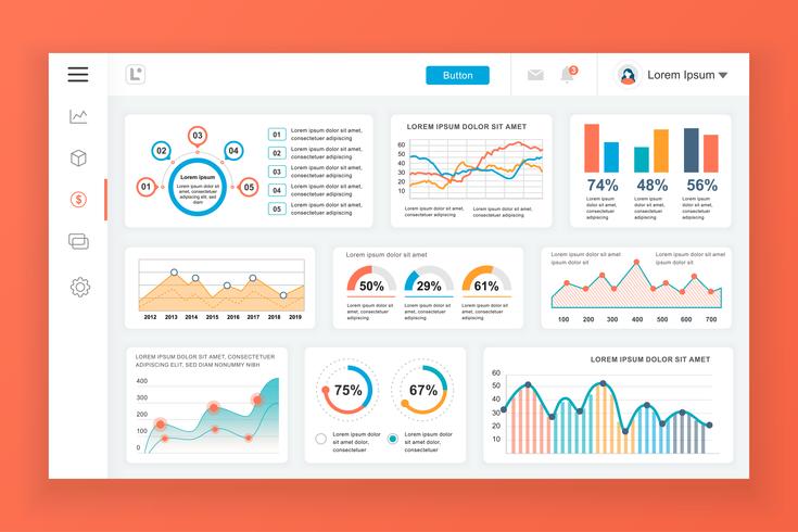 Dashboard admin panel vector design template with infographic elements, chart, diagram, info graphics. Website dashboard for ui and ux design web page. Vector illustration.