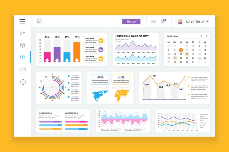 Dashboard admin panel vector design template with infographic elements, chart, diagram, info graphics. Website dashboard for ui and ux design web page. Vector illustration.