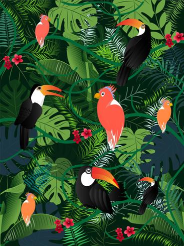 Banner de verano tropical hojas de palma aves vector de imagen.
