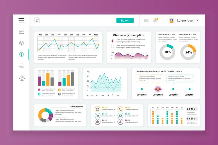 Dashboard admin panel vector design template with infographic elements, chart, diagram, info graphics. Website dashboard for ui and ux design web page. Vector illustration.