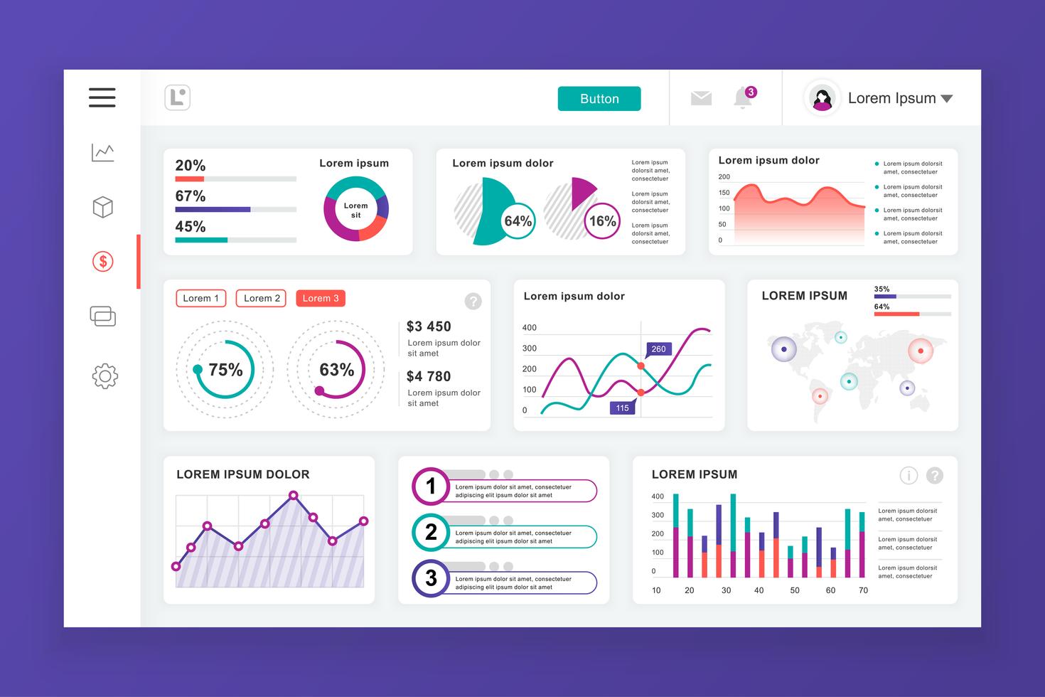 Dashboard admin panel vector design template with infographic elements