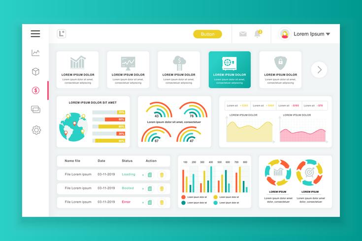 Dashboard admin panel vector design template with infographic elements, chart, diagram, info graphics. Website dashboard for ui and ux design web page. Vector illustration.