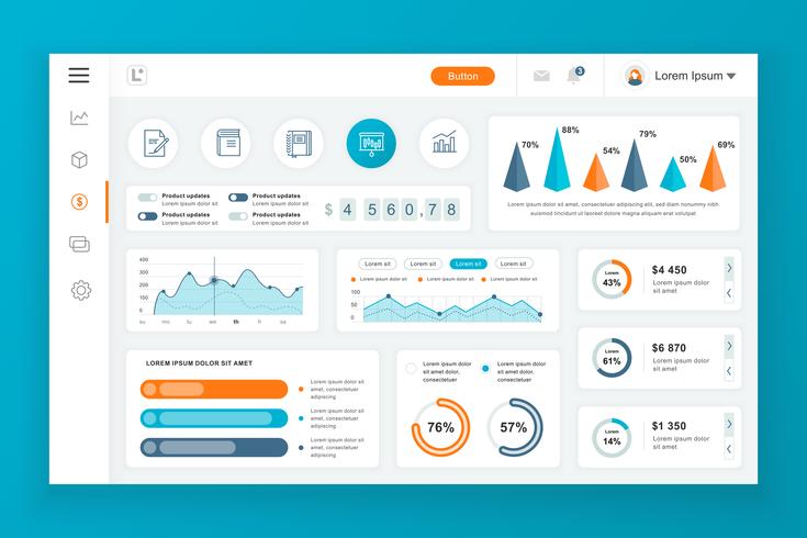 Panel de administración del panel del vector plantilla de diseño con elementos infográficos, gráfico, diagrama, gráficos de información. Panel de control del sitio web para la página web de diseño de ui y ux. Ilustracion vectorial