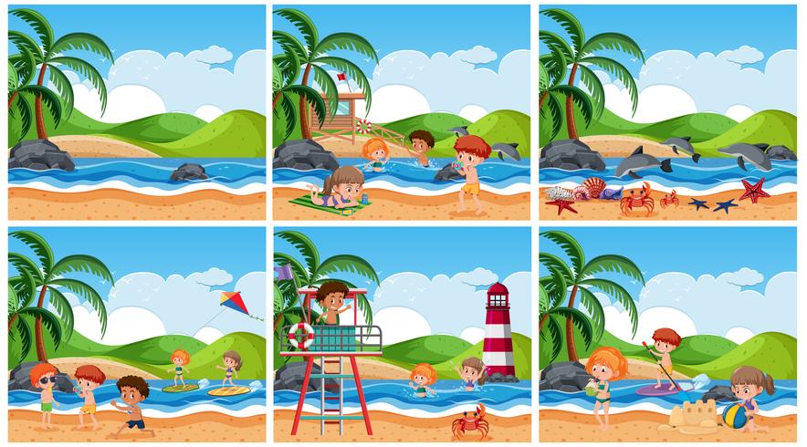 Conjunto de niños en escena de playa vector