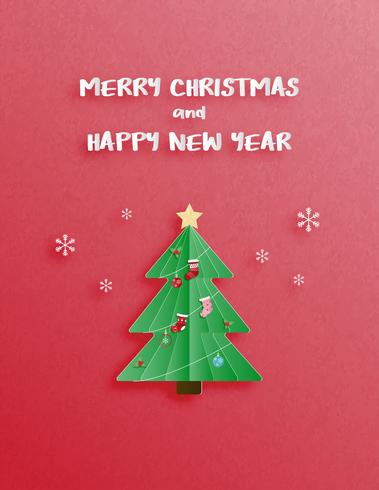 Christmas celebration and happy new year greeting or invitation card in paper cut style. vector