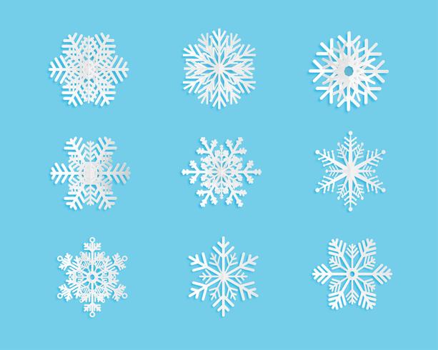 Set of Snow flakes in paper cut style on blue background. Vector illustration.