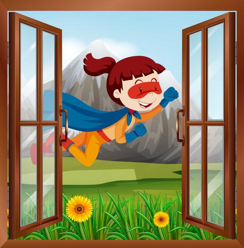 Female superhero flying on the window vector