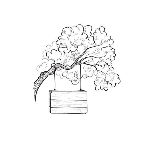 Letrero en la rama de un árbol. Doodle letrero de madera. Poste indicador de tablones vector