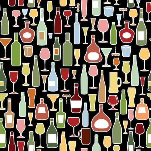 Wine bottle, wine glass tile pattern. Drink wine party background vector