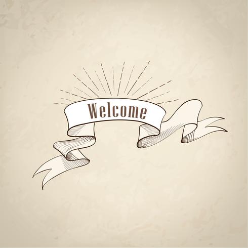 Welcome Sign Over Ribbon Retro Background Vintage Doodle Banner