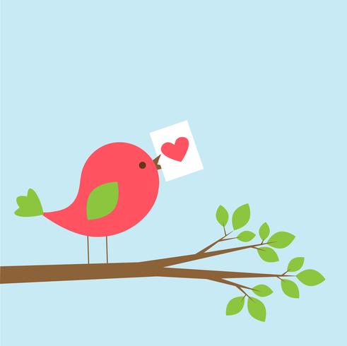 Pájaro lindo con tarjeta de San Valentín en la rama vector