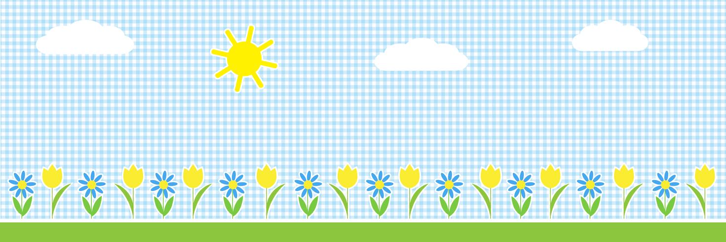 Vector fondo horizontal con sol, nubes y flores