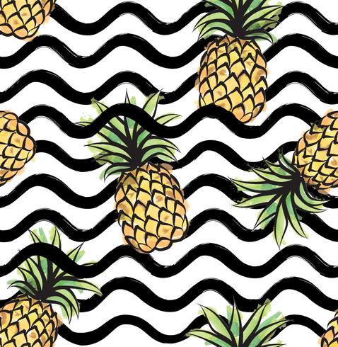 Abstract wave seamless pattern with pineapple. Tropical food stripe texture vector