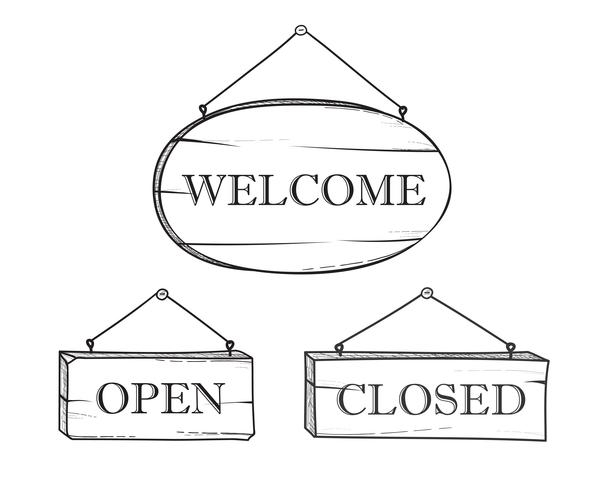 Welcome, open, closed plank sign set. Vintage doodle wooden signboard vector