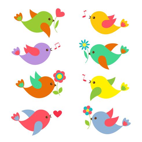 Coloridas aves de primavera con flores vector