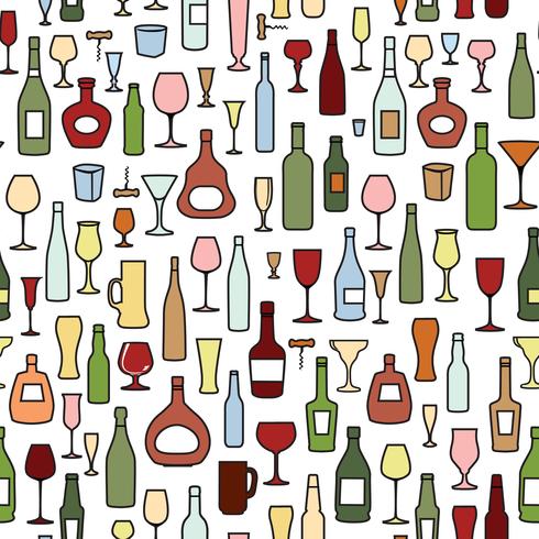 Wine bottle, wine glass tile pattern. Drink wine party background vector