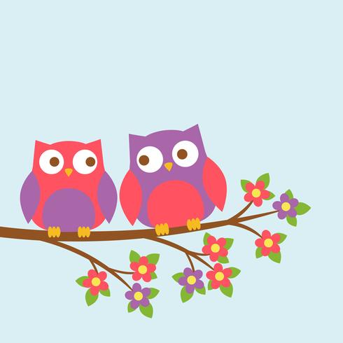 Couple of cute owls on blooming branch vector