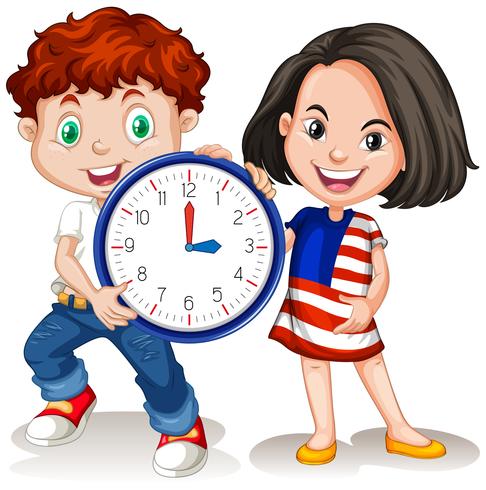 Boy and girl holding clock vector