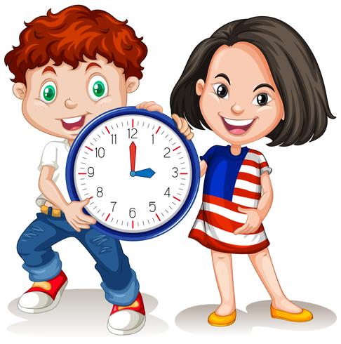 Niño y niña, tenencia, reloj vector