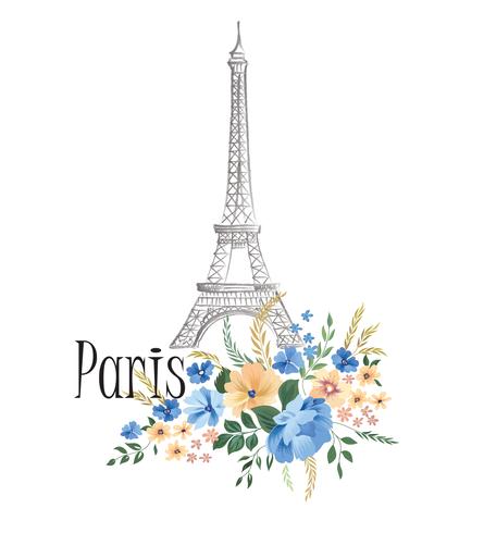 Paris background. Floral Paris sign with flowers, Eiffel tower.  vector