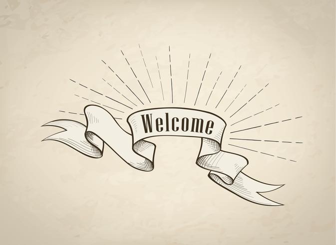 Welcome Sign Over Ribbon Retro Background Vintage Doodle Banner