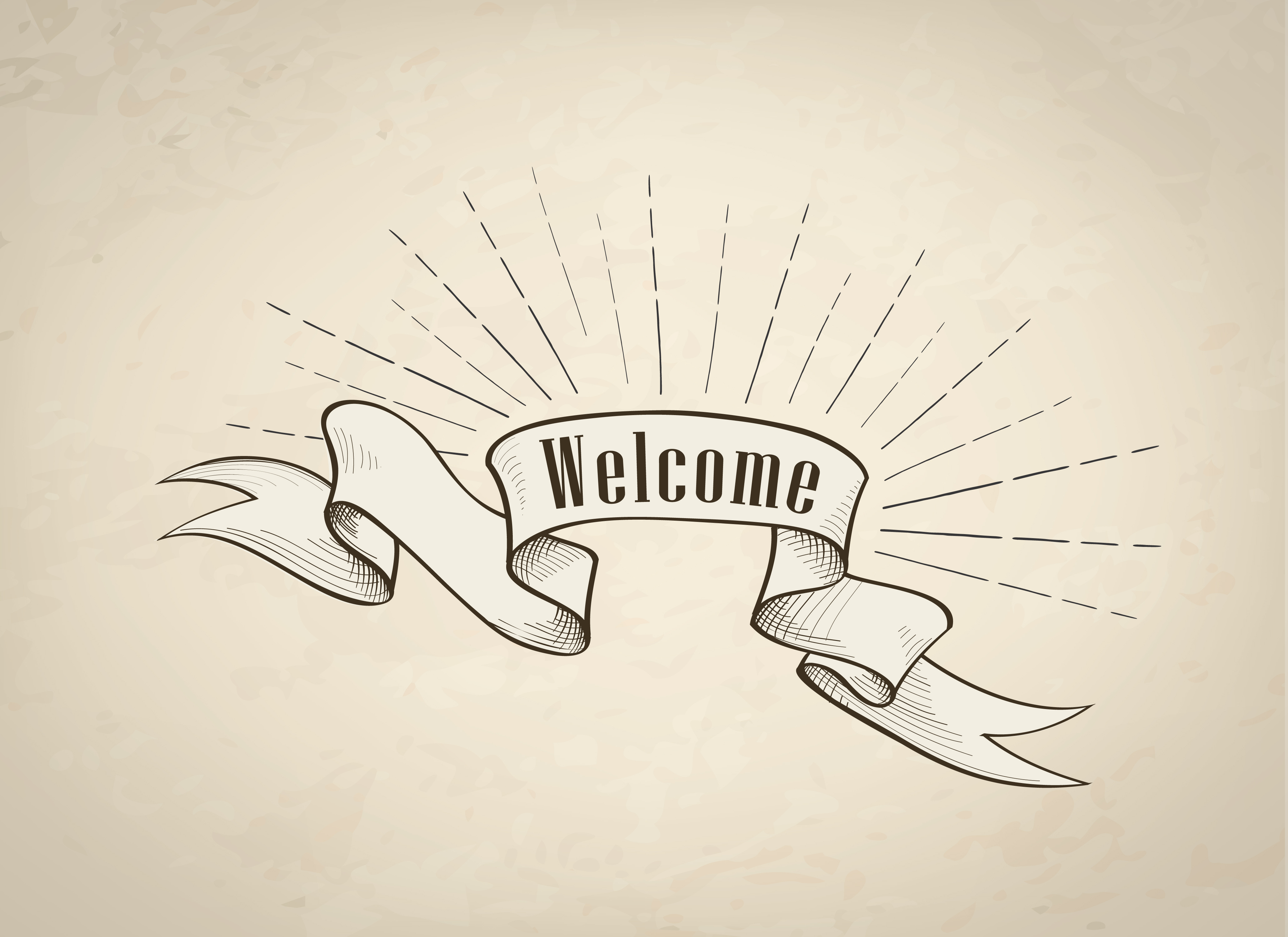 Welcome sign over ribbon, retro background. Vintage doodle banner