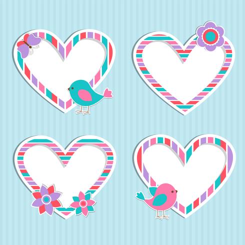 Set of vector cute frames-hearts with bird,flower and butterfly