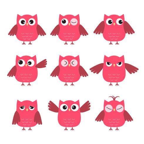 Set of cute pink owls with various emotions vector