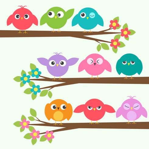 Conjunto de pájaros lindos con diferentes emociones en árboles florecientes de la rama vector