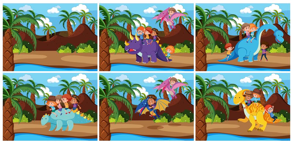 Niños montando dinosaurios en escena prehistórica. vector