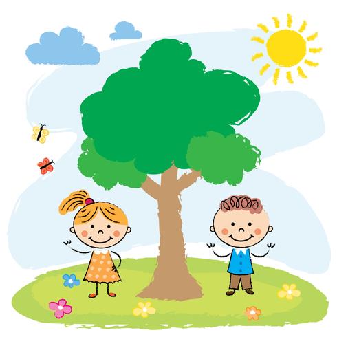 Niño y niña cerca de árbol grande vector