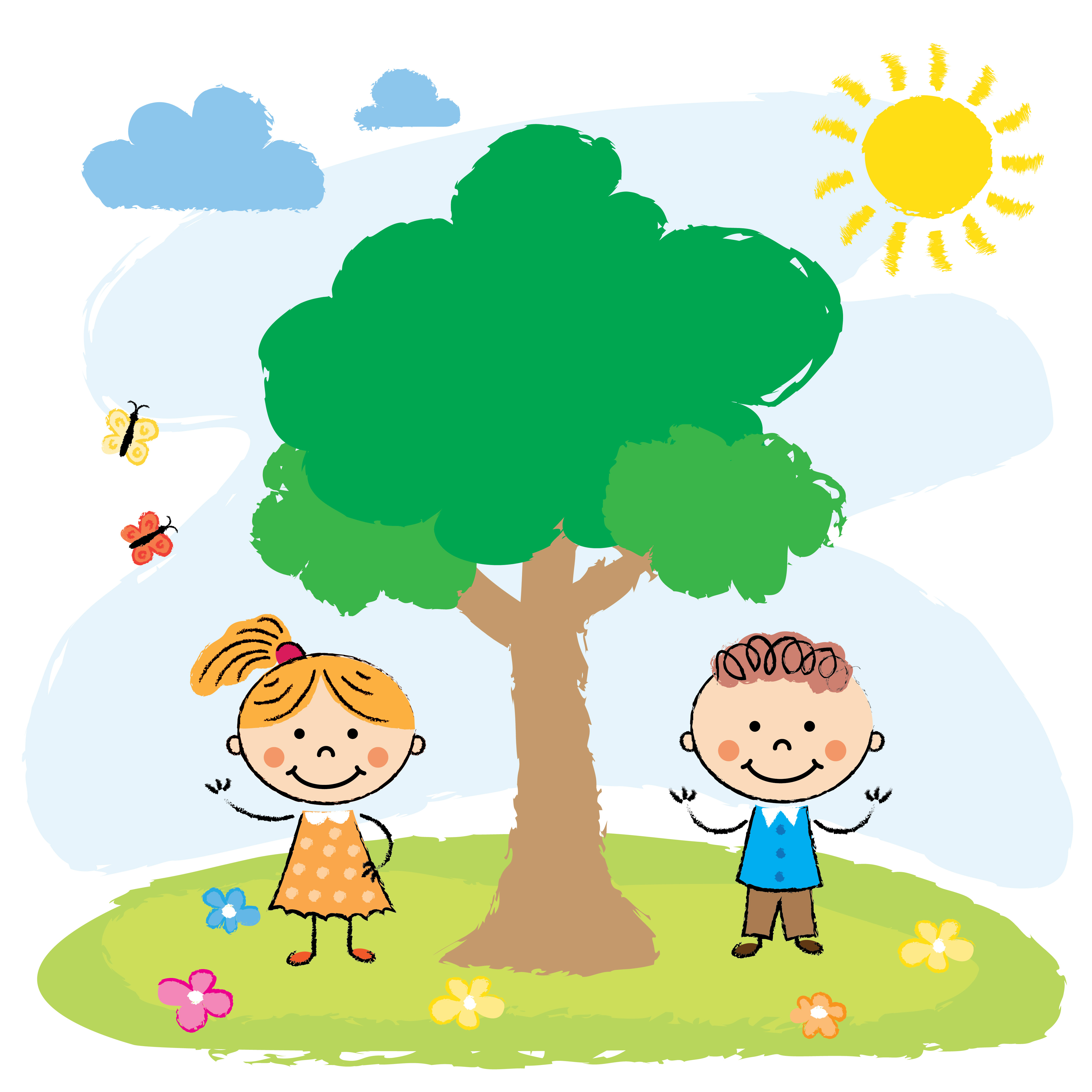 Boy and girl near big tree 589370 Vector Art at Vecteezy
