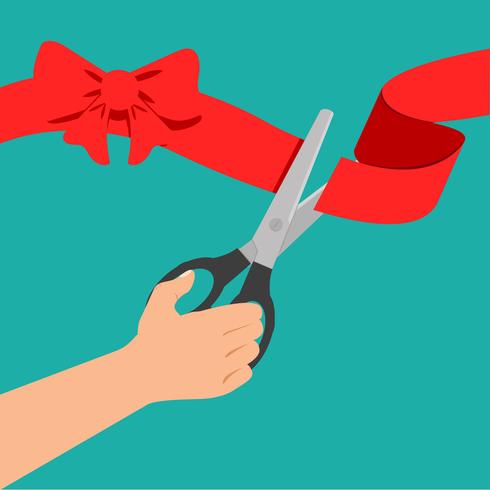 Scissors cut the red ribbon with a bow Stock Vector by