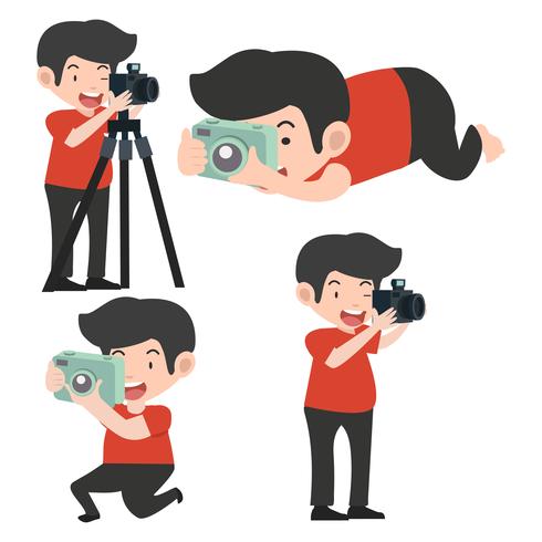 Hombre con cámaras en diferentes poses. vector