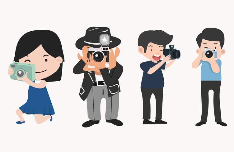 Fotógrafos con cámaras en diferentes poses. vector