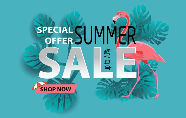 Summer sale banner with flamingo and tropical leaves background, exotic floral design for banner, banner vector illustration and design for poster card. Paper cut style, vector illustration