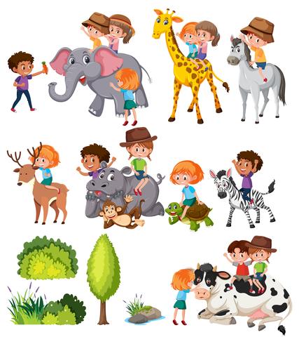 Set of kids with animal vector