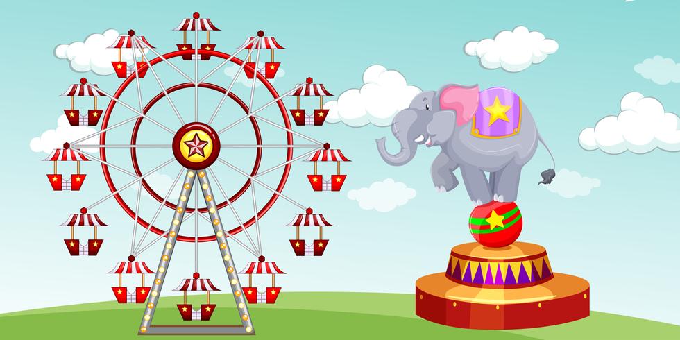 Elephant show and ferris wheel at the funpark vector