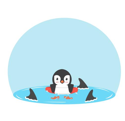 Anillo inflable pingüino de natación con aletas tiburones. vector