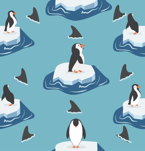 Pingüinos en un pedazo de iceberg con patrón de tiburones de aleta vector