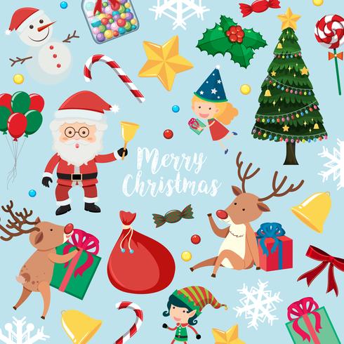 Christmas card with Santa and many items on blue background vector