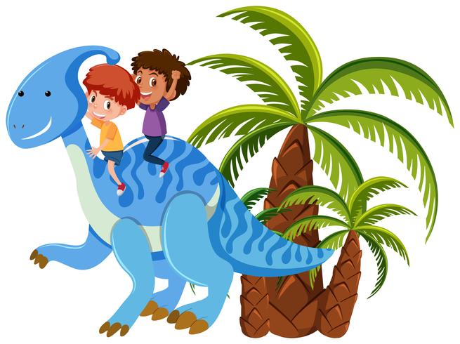 Niños montando un dinosaurio vector