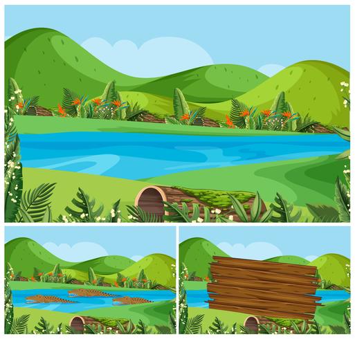 Escenas de naturaleza con montañas y río. vector