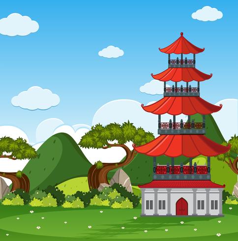 Escena de jardín con torre china en el campo vector