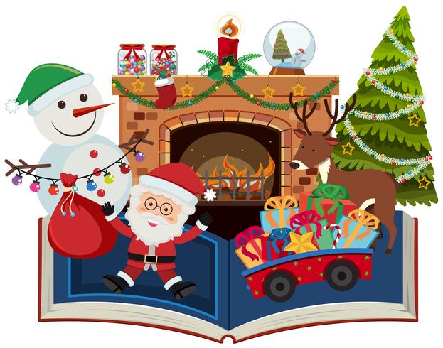 Libro de navidad con santa y presente. vector