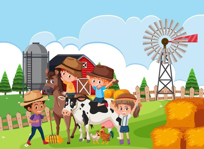 Kids in farm scene vector