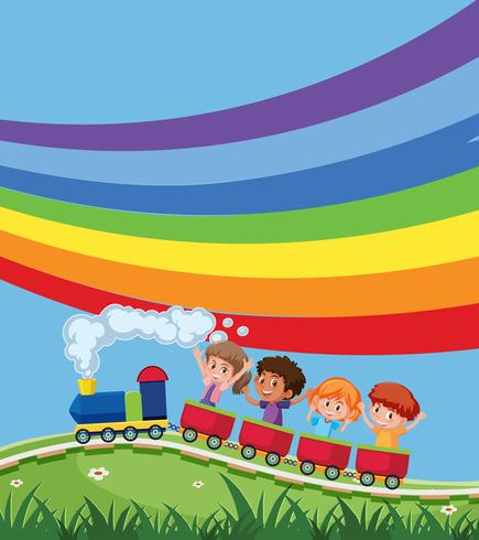 Tren con niños delante del arcoiris. vector