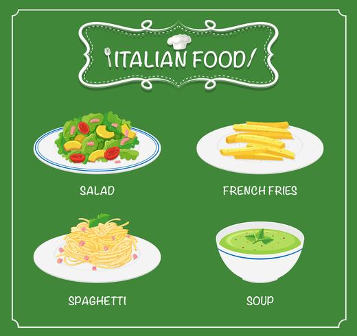 Comida italiana en el menú con fondo verde. vector