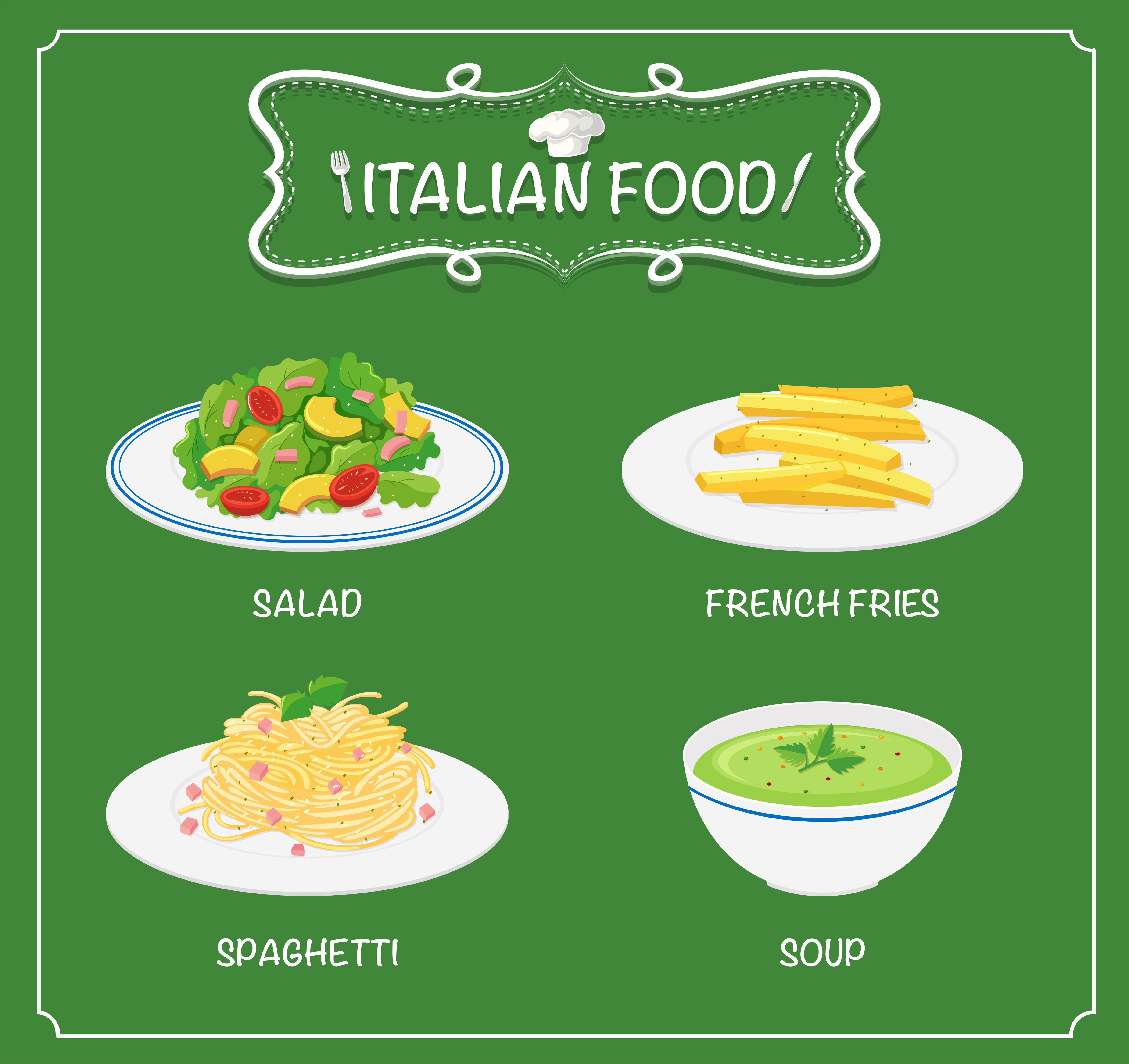 Italian food on menu with green background 591249 Vector Art at Vecteezy