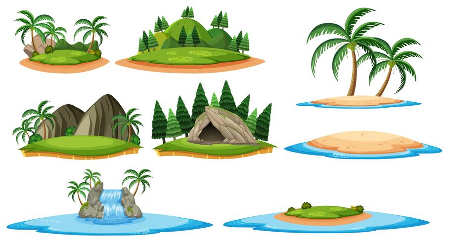 Diferentes islas y escenas de bosque. vector